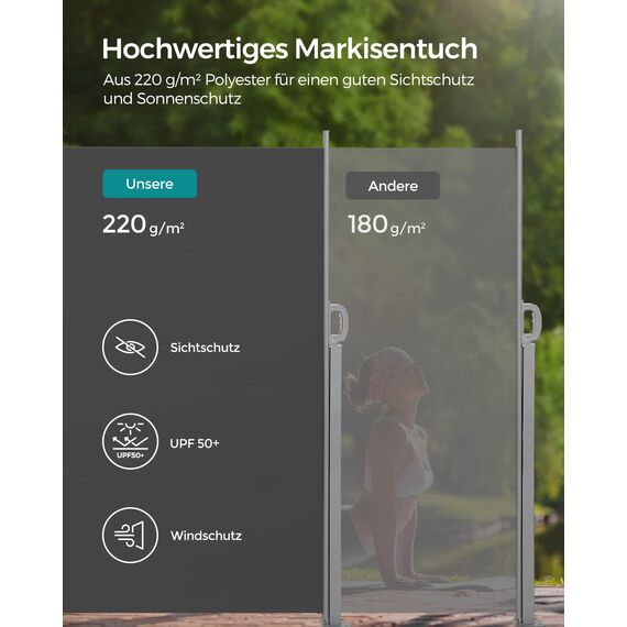 SONGMICS Seitenmarkise mit Stahl-Kasten, rostbeständig, ausziehbar, 180 x 300 cm, Windschutz, Sonnenschutz, blickdicht, Seitenrollo, für Balkon, Terrasse, Garten, anthrazit GSA180TG