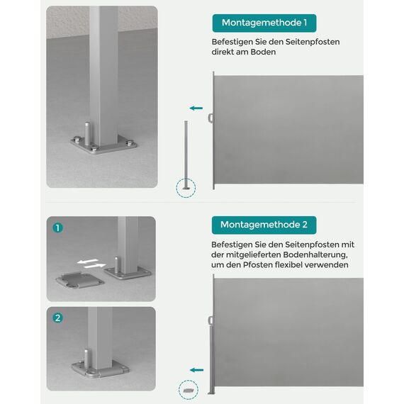 SONGMICS Seitenmarkise mit Stahl-Kasten, rostbeständig, ausziehbar, 140 x 300 cm, Windschutz, Sonnenschutz, blickdicht, Seitenrollo, für Balkon, Terrasse, Garten, hellgrau GSA143G01