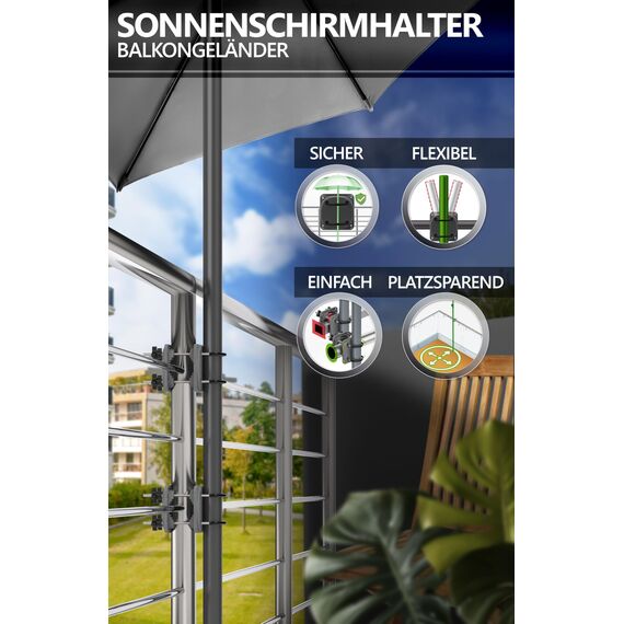 4smile Sonnenschirmhalter Balkongeländer SunnyEasy - 2er Set, Anthrazit - Verbesserte Sonnenschirm Halterung Balkon, Flexible Schirmhalterung Balkongeländer ersetzt Sonnenschirmständer Balkon