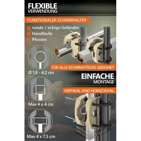 4smile Sonnenschirmhalter Balkongeländer SunnyEasy, Sandbraun - Funktionale Sonnenschirm Halterung Balkon, flexibel montierbar - Schirmhalterung Balkongeländer ersetzt Sonnenschirmständer Balkon