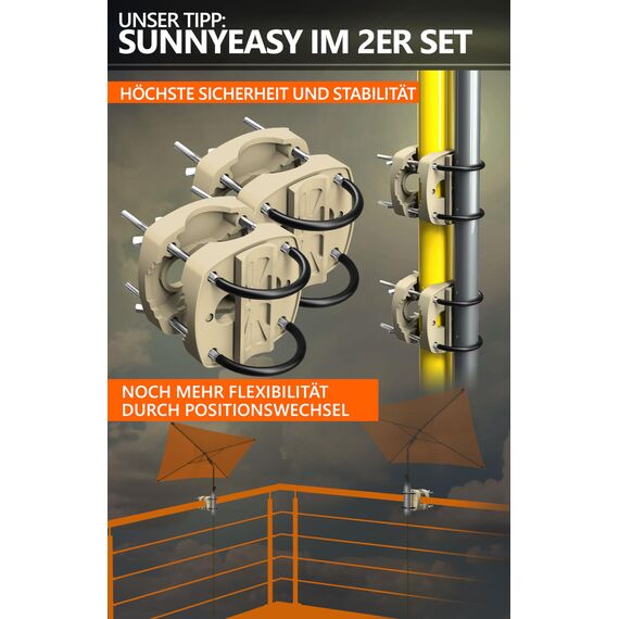 4smile Sonnenschirmhalter Balkongeländer SunnyEasy, Sandbraun - Funktionale Sonnenschirm Halterung Balkon, flexibel montierbar - Schirmhalterung Balkongeländer ersetzt Sonnenschirmständer Balkon