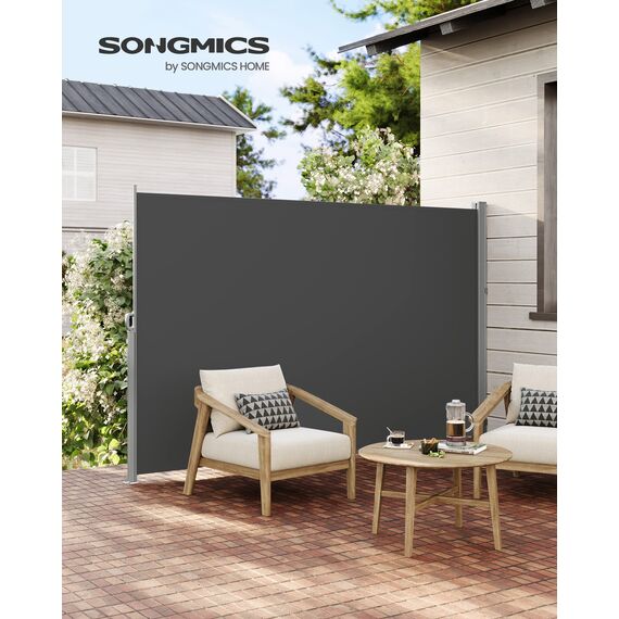 SONGMICS Seitenmarkise mit Stahl-Kasten, rostbeständig, ausziehbar, 180 x 450 cm, Windschutz, Sonnenschutz, Blickdicht, Seitenrollo, für Balkon, Terrasse, Garten, anthrazit GSA589G01