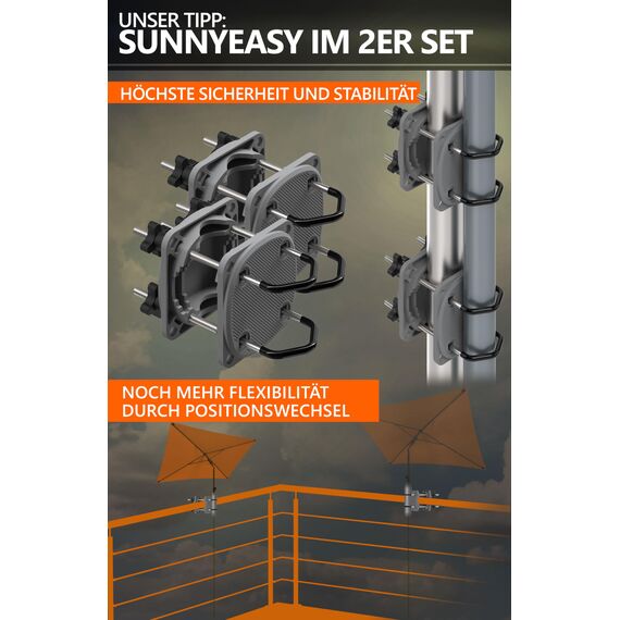 4smile Sonnenschirmhalter Balkongeländer SunnyEasy 2.0, Anthrazit - Verbesserte Sonnenschirm Halterung Balkon, flexibel & stabil - Schirmhalterung Balkongeländer ersetzt Sonnenschirmständer Balkon