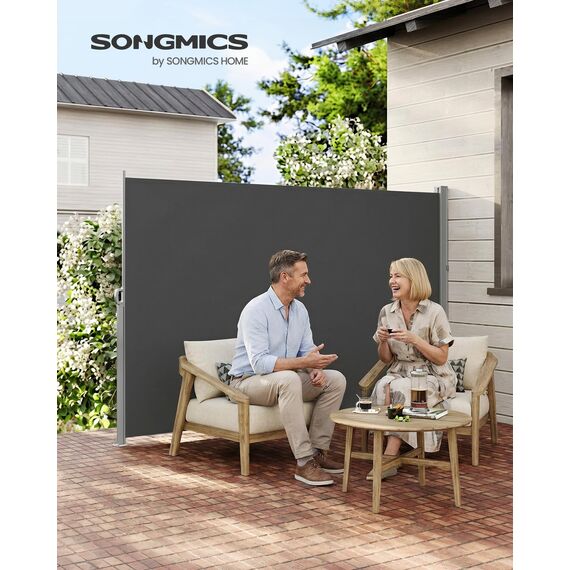 SONGMICS Seitenmarkise mit Stahl-Kasten, rostbeständig, ausziehbar, 160 x 500 cm, Windschutz, Sonnenschutz, Blickdicht, Seitenrollo, für Balkon, Terrasse, Garten, anthrazit GSA615GZ01