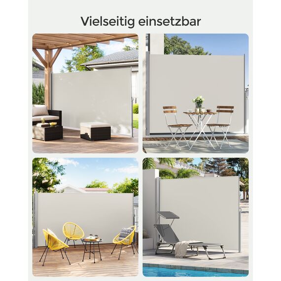 SONGMICS Seitenmarkise mit Stahl-Kasten, rostbeständig, ausziehbar, 180 x 350 cm, Windschutz, Sonnenschutz, blickdicht, Seitenrollo, für Balkon, Terrasse, Garten, beige GSA185T02