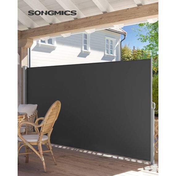 SONGMICS Seitenmarkise mit Stahl-Kasten, rostbeständig, ausziehbar, 160 x 400 cm, Windschutz, Sonnenschutz, Blickdicht, Seitenrollo, für Balkon, Terrasse, Garten, anthrazit GSA564G01