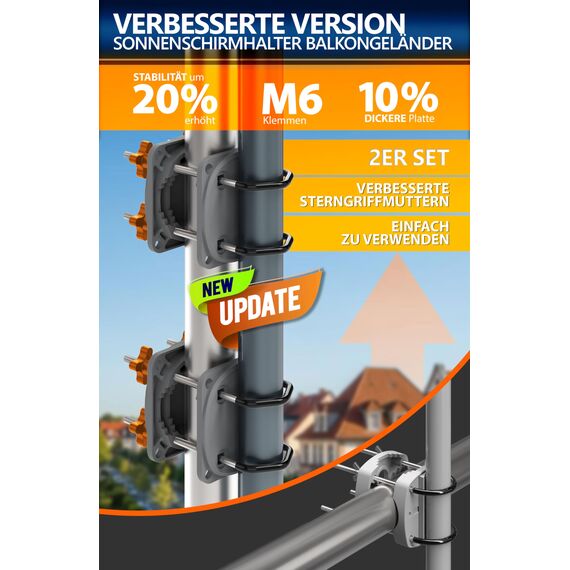 4smile Sonnenschirmhalter Balkongeländer SunnyEasy - 2er Set, Anthrazit - Verbesserte Sonnenschirm Halterung Balkon, Flexible Schirmhalterung Balkongeländer ersetzt Sonnenschirmständer Balkon