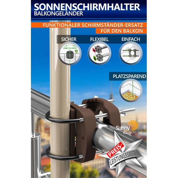 4smile Sonnenschirmhalter Balkongeländer SunnyEasy, Taupe - Funktionale Sonnenschirm Halterung Balkon, flexibel montierbar - Schirmhalterung Balkongeländer ersetzt Sonnenschirmständer Balkon