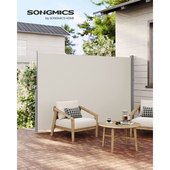 SONGMICS Seitenmarkise mit Stahl-Kasten, rostbeständig, ausziehbar, 200 x 350 cm, Sichtschutz, Sonnenschutz, Blickdicht, Seitenrollo, für Balkon, Terrasse, Garten, beige GSA205E02