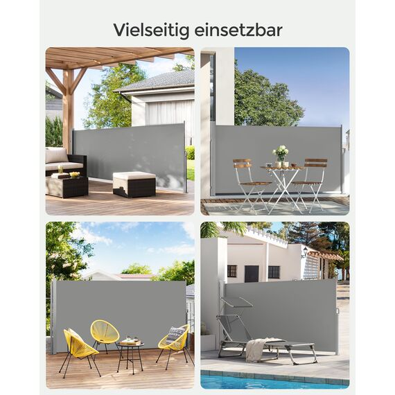 SONGMICS Seitenmarkise mit Stahl-Kasten, rostbeständig, ausziehbar, 140 x 300 cm, Windschutz, Sonnenschutz, blickdicht, Seitenrollo, für Balkon, Terrasse, Garten, hellgrau GSA143G01