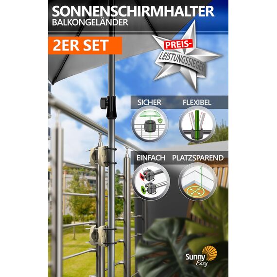 4smile Sonnenschirmhalter Balkongeländer SunnyEasy - 2er Set, Sandbraun - Sonnenschirm Halterung Balkon, flexibel montierbar - Schirmhalterung Balkongeländer ersetzt Sonnenschirmständer Balkon