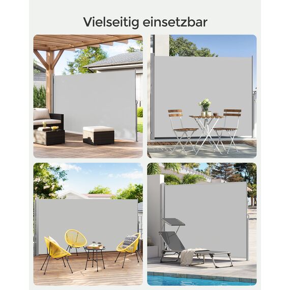 SONGMICS Seitenmarkise mit Stahl-Kasten, rostbeständig, ausziehbar, 200 x 350 cm, Windschutz, Sonnenschutz, Blickdicht, Seitenrollo, für Balkon, Terrasse, Garten, hellgrau GSA505G03