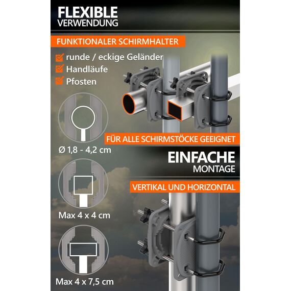 4smile Sonnenschirmhalter Balkongeländer SunnyEasy 2.0, Anthrazit - Verbesserte Sonnenschirm Halterung Balkon, flexibel & stabil - Schirmhalterung Balkongeländer ersetzt Sonnenschirmständer Balkon