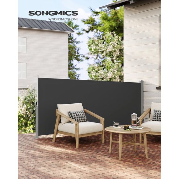 SONGMICS Seitenmarkise mit Stahl-Kasten, rostbeständig, ausziehbar, 140 x 300 cm, Windschutz, Sonnenschutz, blickdicht, Seitenrollo, für Balkon, Terrasse, Garten, anthrazit GSA143G02