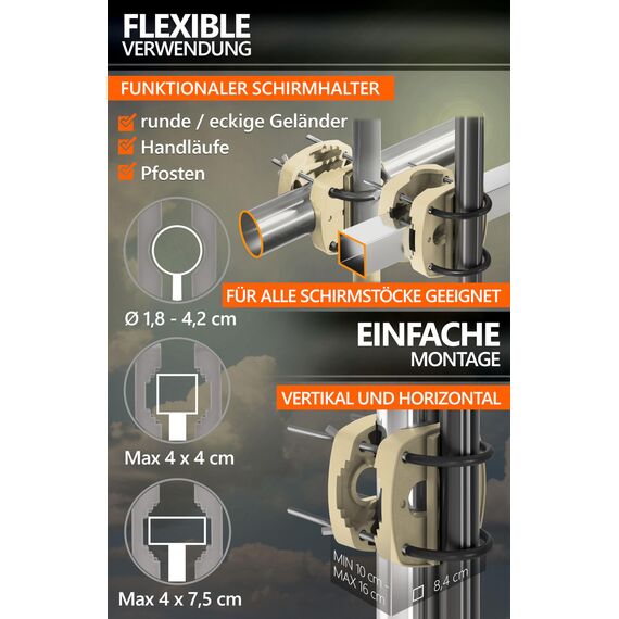 4smile Sonnenschirmhalter Balkongeländer SunnyEasy - 2er Set, Sandbraun - Sonnenschirm Halterung Balkon, flexibel montierbar - Schirmhalterung Balkongeländer ersetzt Sonnenschirmständer Balkon