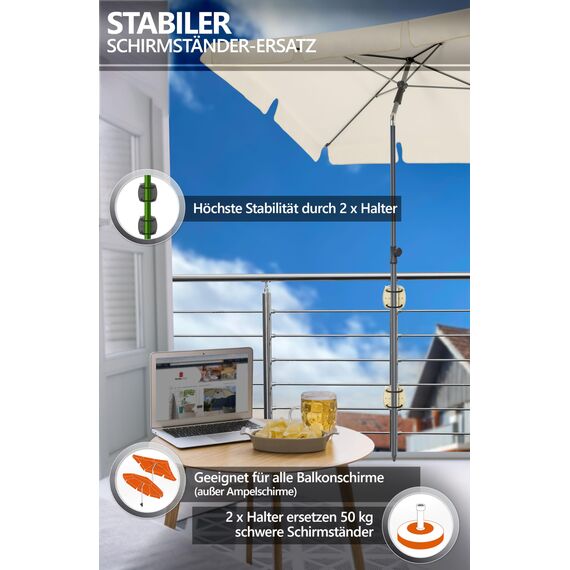 4smile Sonnenschirmhalter Balkongeländer SunnyEasy - 2er Set, Sandbraun - Sonnenschirm Halterung Balkon, flexibel montierbar - Schirmhalterung Balkongeländer ersetzt Sonnenschirmständer Balkon