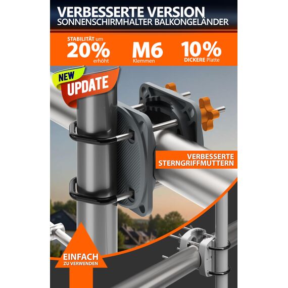 4smile Sonnenschirmhalter Balkongeländer SunnyEasy 2.0, Anthrazit - Verbesserte Sonnenschirm Halterung Balkon, flexibel & stabil - Schirmhalterung Balkongeländer ersetzt Sonnenschirmständer Balkon