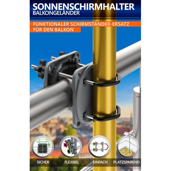 4smile Sonnenschirmhalter Balkongeländer SunnyEasy 2.0, Anthrazit - Verbesserte Sonnenschirm Halterung Balkon, flexibel & stabil - Schirmhalterung Balkongeländer ersetzt Sonnenschirmständer Balkon