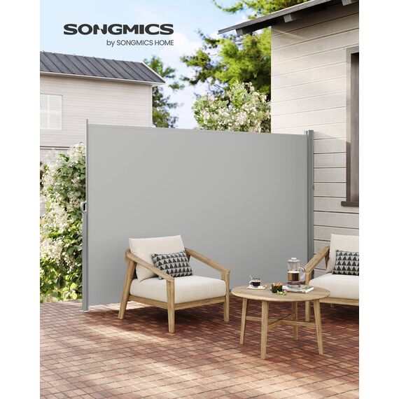 SONGMICS Seitenmarkise mit Stahl-Kasten, rostbeständig, ausziehbar, 200 x 400 cm, Windschutz, Sonnenschutz, Blickdicht, Seitenrollo, für Balkon, Terrasse, Garten, hellgrau GSA504G03