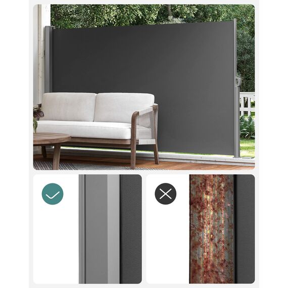 SONGMICS Seitenmarkise mit Stahl-Kasten, rostbeständig, ausziehbar, 160 x 400 cm, Windschutz, Sonnenschutz, Blickdicht, Seitenrollo, für Balkon, Terrasse, Garten, anthrazit GSA564G01