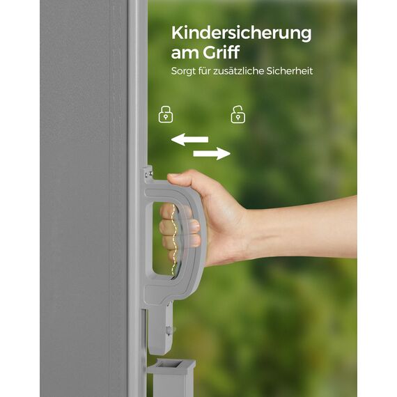 SONGMICS Seitenmarkise mit Stahl-Kasten, rostbeständig, ausziehbar, 140 x 300 cm, Windschutz, Sonnenschutz, blickdicht, Seitenrollo, für Balkon, Terrasse, Garten, hellgrau GSA143G01