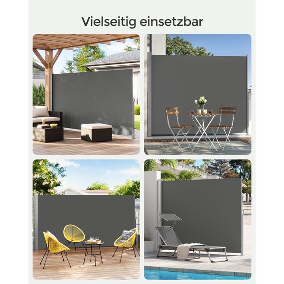 SONGMICS Seitenmarkise mit Stahl-Kasten, rostbeständig, ausziehbar, 160 x 300 cm, Windschutz, Sonnenschutz, blickdicht, Seitenrollo, für Balkon, Terrasse, Garten, anthrazit GSA160TG