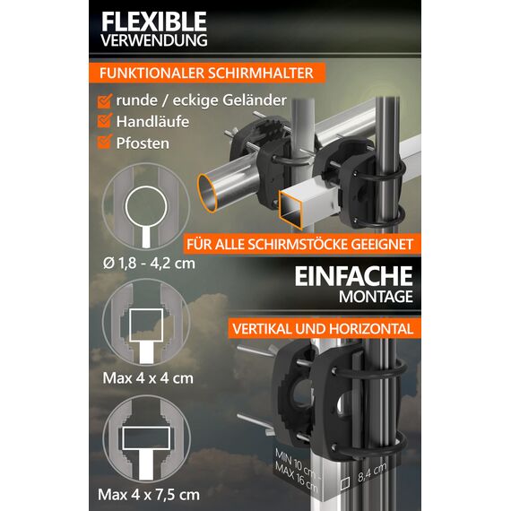 4smile Sonnenschirmhalter Balkongeländer SunnyEasy, Schwarz - Funktionale Sonnenschirm Halterung Balkon, flexibel montierbar - Schirmhalterung Balkongeländer ersetzt Sonnenschirmständer Balkon