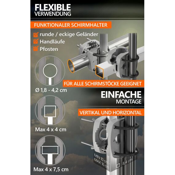 4smile Sonnenschirmhalter Balkongeländer SunnyEasy - 2er Set, Anthrazit - Sonnenschirm Halterung Balkon, flexibel montierbar - Schirmhalterung Balkongeländer ersetzt Sonnenschirmständer Balkon