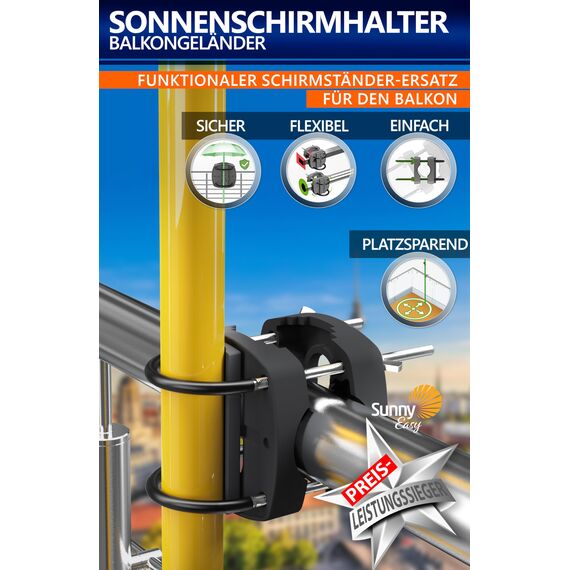 4smile Sonnenschirmhalter Balkongeländer SunnyEasy, Schwarz - Funktionale Sonnenschirm Halterung Balkon, flexibel montierbar - Schirmhalterung Balkongeländer ersetzt Sonnenschirmständer Balkon