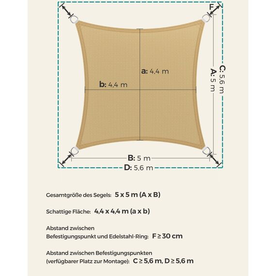 SONGMICS Sonnensegel 5 x 5 m, Sonnenschutz aus HDPE-Gewebe, luftdurchlässig, wasserdurchlässig, für Terrasse, Garten, Balkon, Camping, quadratisch, konkav, 2 m Seile, sandgelb GSS55EYV1