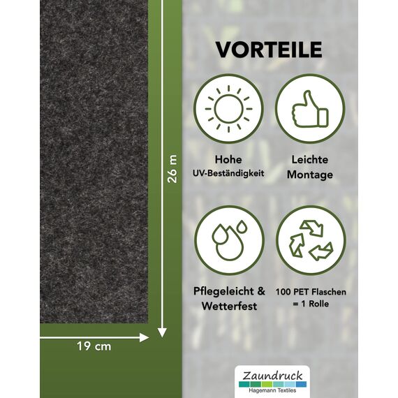 Zaundruck Melange + Design Streifen aus hochwertigen Vlies – Sichtschutz Doppelstabmattenzaun PVC frei (Milano anthrazit)