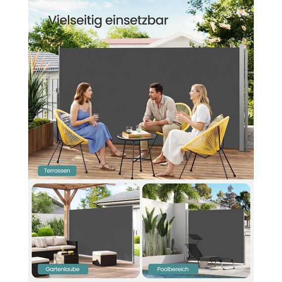 SONGMICS Seitenmarkise mit Stahl-Kasten, rostbeständig, ausziehbar, 160 x 500 cm, Windschutz, Sonnenschutz, Blickdicht, Seitenrollo, für Balkon, Terrasse, Garten, anthrazit GSA615GZ01