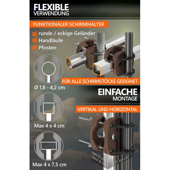 4smile Sonnenschirmhalter Balkongeländer SunnyEasy, Taupe - Funktionale Sonnenschirm Halterung Balkon, flexibel montierbar - Schirmhalterung Balkongeländer ersetzt Sonnenschirmständer Balkon
