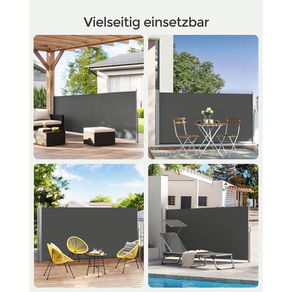SONGMICS Seitenmarkise mit Stahl-Kasten, rostbeständig, ausziehbar, 140 x 300 cm, Windschutz, Sonnenschutz, blickdicht, Seitenrollo, für Balkon, Terrasse, Garten, anthrazit GSA143G02