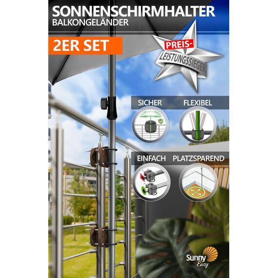 4smile Sonnenschirmhalter Balkongeländer SunnyEasy - 2er Set, Taupe - Sonnenschirm Halterung Balkon, flexibel montierbar - Schirmhalterung Balkongeländer ersetzt Sonnenschirmständer Balkon