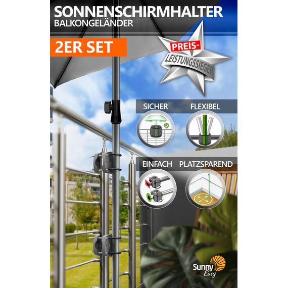 4smile Sonnenschirmhalter Balkongeländer SunnyEasy - 2er Set, Anthrazit - Sonnenschirm Halterung Balkon, flexibel montierbar - Schirmhalterung Balkongeländer ersetzt Sonnenschirmständer Balkon