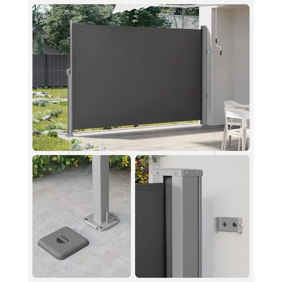 SONGMICS Seitenmarkise mit Stahl-Kasten, rostbeständig, ausziehbar, 160 x 400 cm, Windschutz, Sonnenschutz, Blickdicht, Seitenrollo, für Balkon, Terrasse, Garten, anthrazit GSA564G01