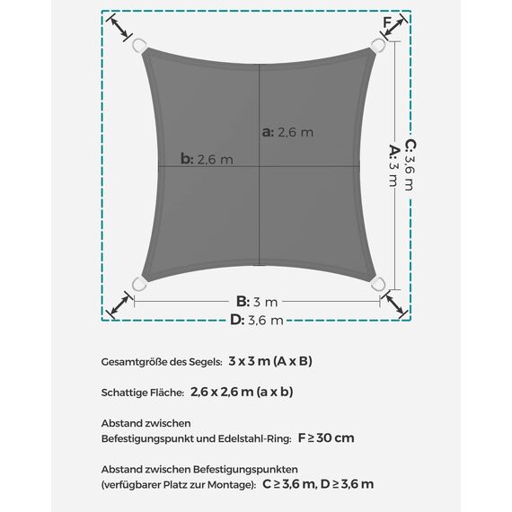 SONGMICS Sonnensegel 3 x 3 m, wasserfest mit Einer Wassersäule von 665 mm, Sonnenschutz aus reißfestem Polyester, UV-Schutz 93%, Terrasse, Garten, Balkon, quadratisch, 2 m Seile, rauchgrau GSH33GYV1