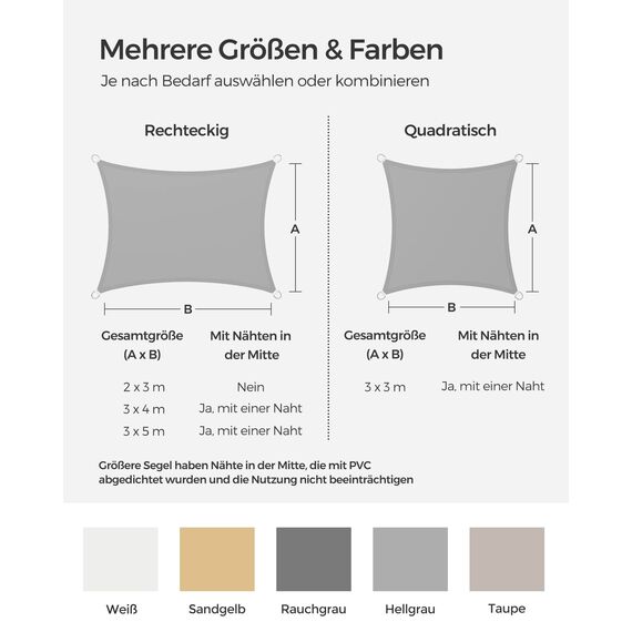 SONGMICS Sonnensegel 3 x 3 m, wasserfest mit Einer Wassersäule von 665 mm, Sonnenschutz aus reißfestem Polyester, UV-Schutz 93%, Terrasse, Garten, Balkon, quadratisch, 2 m Seile, hellgrau GSH33QY