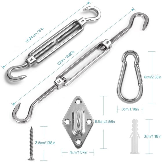 HOMPER M6 Sonnensegel Befestigungs Kit, Sonnensegel Zubehör Montage für Viereckigen Dreieckigen Sonnensegeln Rostfreier Edelstahl(12-teiliges Set für Viereck + 16st Schrauben)