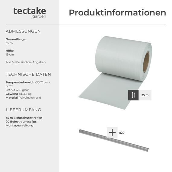 tectake® Sichtschutzfolie, Sichtschutzstreifen mit Befestigungsclips, Windschutz, Sonnenschutz, Sichtschutzmatte für Balkon, Garten, Terrasse, für Stabmattenzaun und Zaunelemente - 35 m, hellgrau