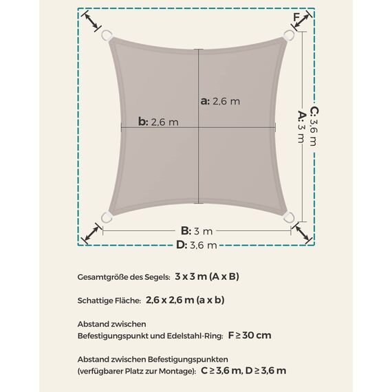 SONGMICS Sonnensegel 3 x 3 m, wasserdicht, 665mm Wassersäule, Sonnenschutz aus reißfestem Polyester, 93% UV-Schutz, Terrasse, Garten, Balkon, Quadrat 2m Seile, Taupe