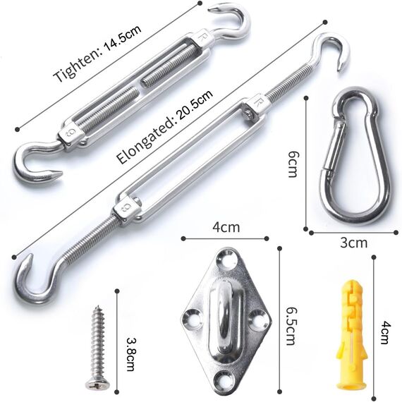 M6 Sonnensegel Befestigungs Kit, Sonnensegel Zubehör Montage für Viereckigen Dreieckigen Sonnensegeln Rostfreier 304 Edelstahl(12-teiliges Set für Viereck)