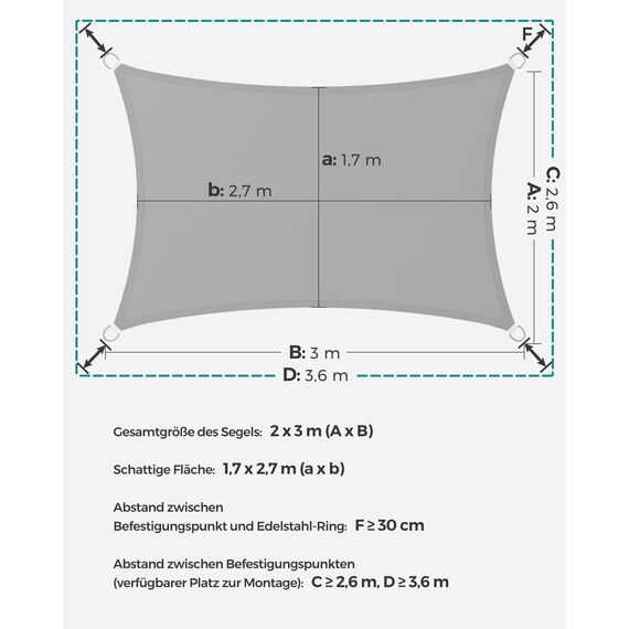 SONGMICS Sonnensegel 2 x 3 m, wasserfest mit Einer Wassersäule von 665 mm, Sonnenschutz aus reißfestem Polyester, UV-Schutz 93%, Terrasse, Garten, Balkon, rechteckig, 2 m Seile, hellgrau GSH23QY