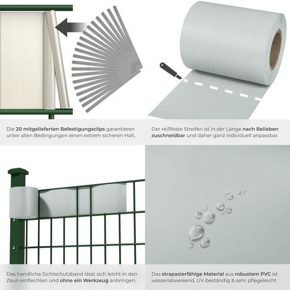 tectake® Sichtschutzfolie, Sichtschutzstreifen mit Befestigungsclips, Windschutz, Sonnenschutz, Sichtschutzmatte für Balkon, Garten, Terrasse, für Stabmattenzaun und Zaunelemente - 35 m, hellgrau
