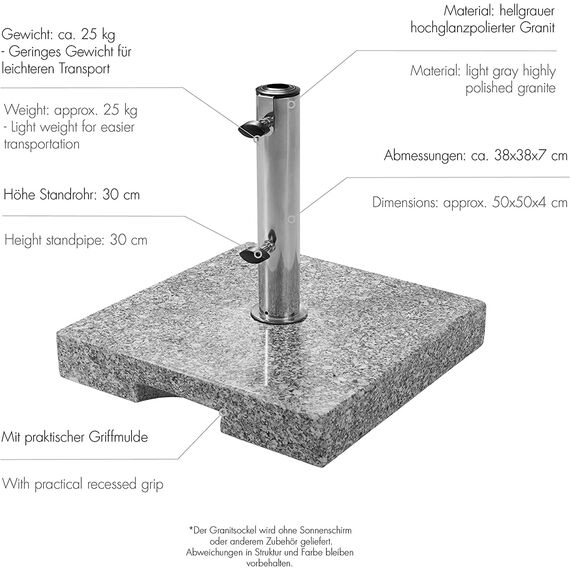 Doppler Granitsockel 25kg I Schirmständer mit Griff-Mulde für Transport I Sonnenschirmständer für Sonnenschirme mit max. 200cm Schirmdurchmesser & 2,5-4,8cm Rohrdurchmesser