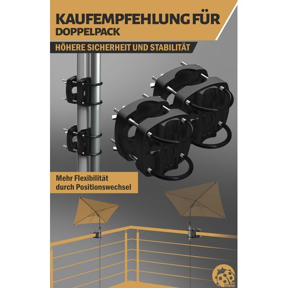 Menz Sonnenschirmhalter Balkongeländer in Schwarz - flexibel montierbare Schirmhalterung Balkongeländer, Solide Schirmhalterung als kompakter Sonnenschirmständer Balkon