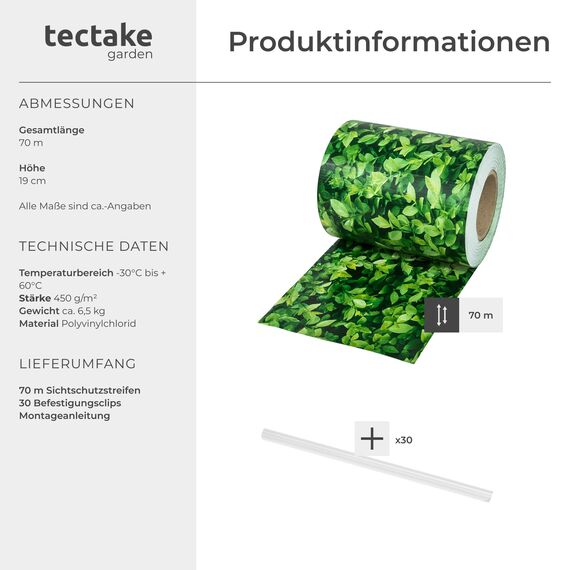 tectake® Sichtschutzfolie, Sichtschutzstreifen mit Befestigungsclips, Windschutz, Sonnenschutz, Sichtschutzmatte für Balkon, Garten, Terrasse, für Stabmattenzaun und Zaunelemente - 70 m, grünes Laub