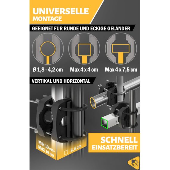 Menz Sonnenschirmhalter Balkongeländer in Schwarz - flexibel montierbare Schirmhalterung Balkongeländer, Solide Schirmhalterung als kompakter Sonnenschirmständer Balkon