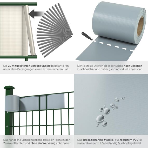 tectake® Sichtschutzfolie, Sichtschutzstreifen mit Befestigungsclips, Windschutz, Sonnenschutz, Sichtschutzmatte für Balkon, Garten, Terrasse, für Stabmattenzaun und Zaunelemente - 35 m, grau